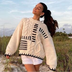 Elegant Cable Knit Sweater - Cream and Black